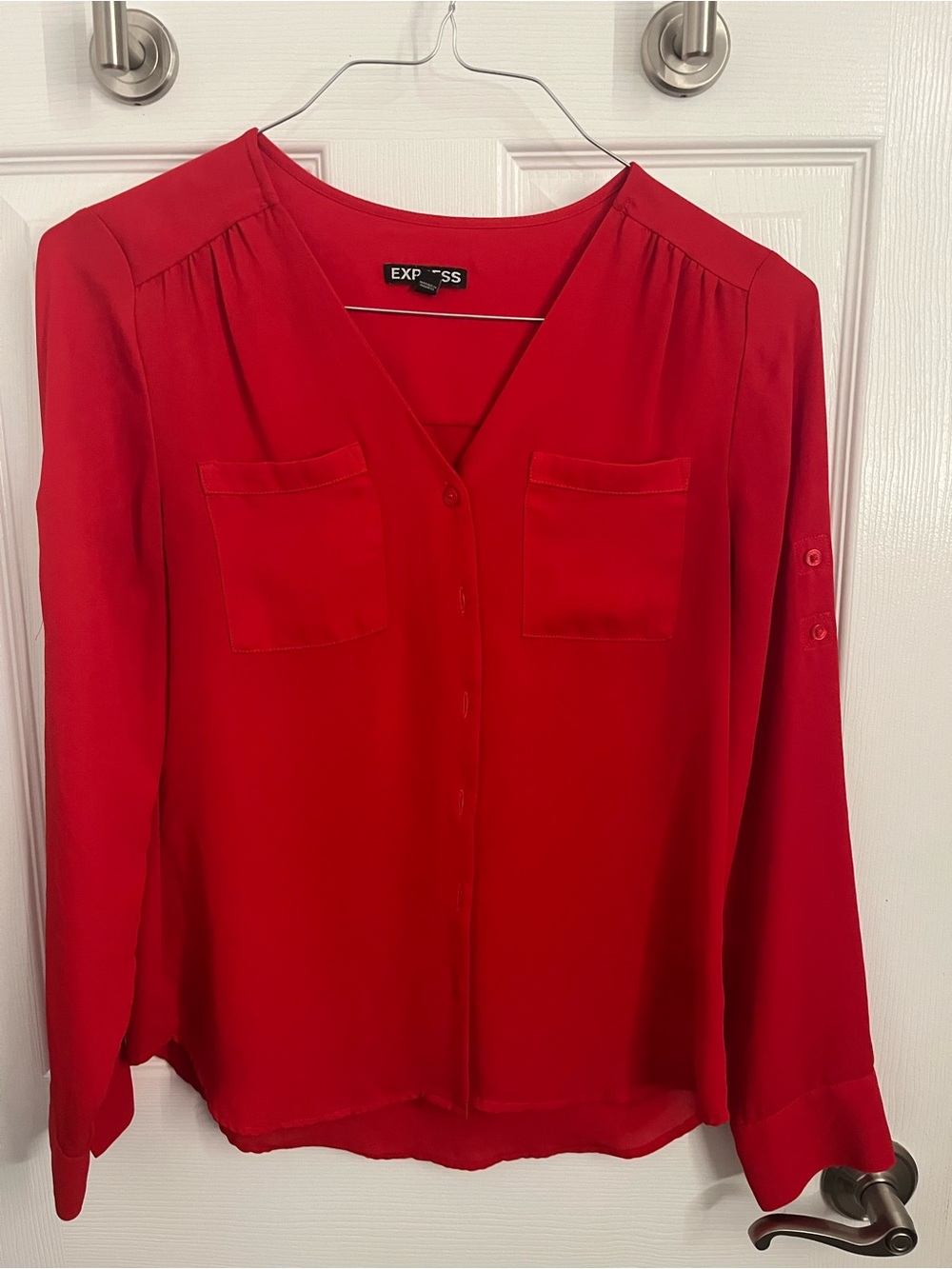 Express Red Button-Front V-Neck Blouse with Chest Pockets